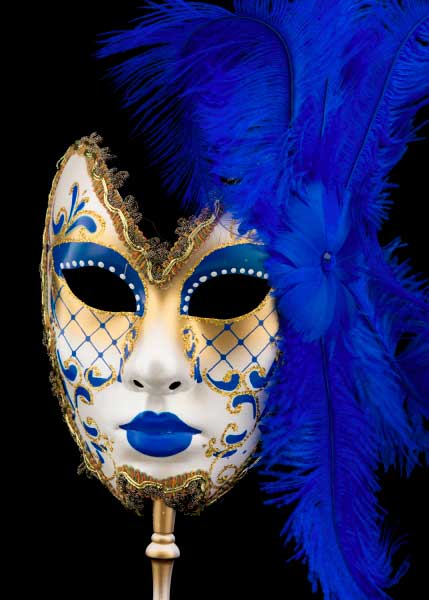 Masque Vénitien de Gala Farfalla Bleu foncé à Bâton et Plumes – Artisanat Authentique de Venise
