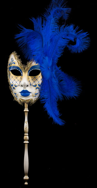 Masque Vénitien de Gala Farfalla Bleu foncé à Bâton et Plumes – Artisanat Authentique de Venise