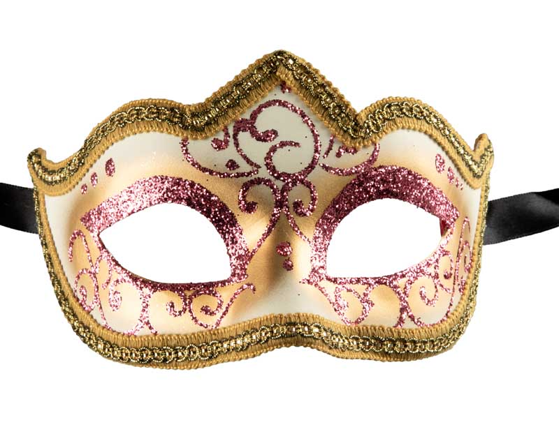 Masque Colombine Rose Pastel et Doré à Pointe – Artisanat Authentique de Venise