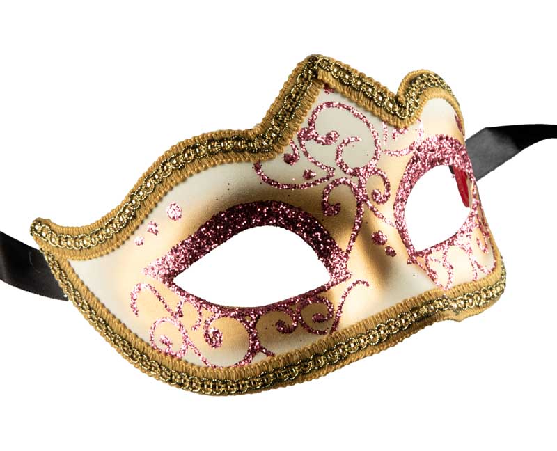 Masque Colombine Rose Pastel et Doré à Pointe – Artisanat Authentique de Venise