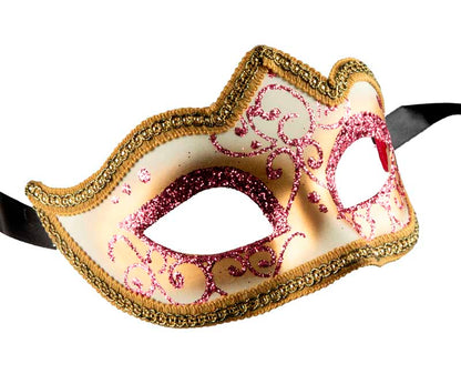 Masque Colombine Rose Pastel et Doré à Pointe – Artisanat Authentique de Venise
