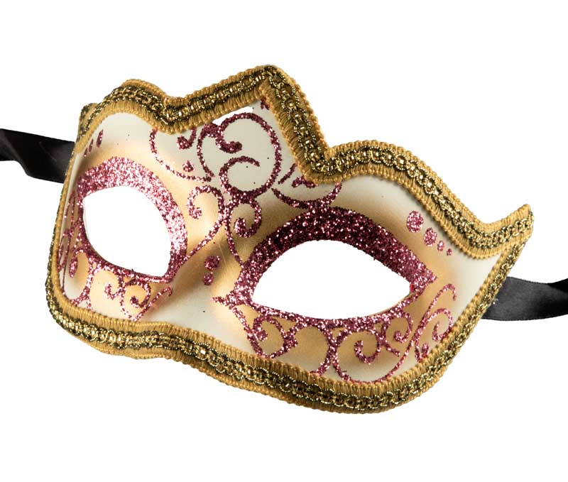 Masque Colombine Rose Pastel et Doré à Pointe – Artisanat Authentique de Venise