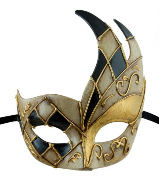 Masque Colombine Cygne Damier Noir et Doré – Artisanat Authentique de Venise