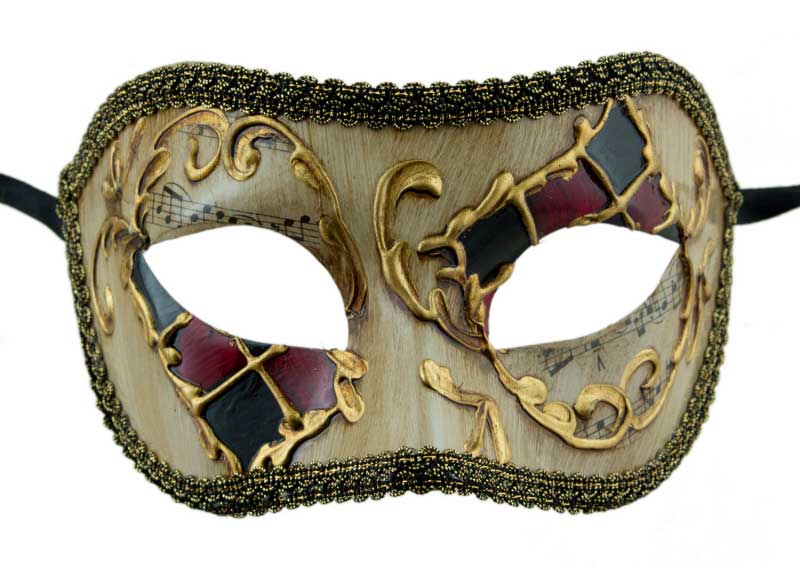 Masque Colombine Musica Damier Rouge Noir et Doré – Artisanat Authentique de Venise