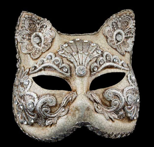 Masque de Venise Chat Gatto Macramé Craquelé Argenté avec Strass – Carnaval Vénitien | Artisanat Authentique