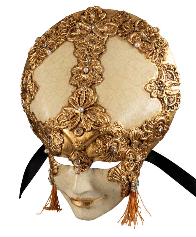 Masque Volto Liberty Blanc Macramé Doré – Artisanat Authentique de Venise
