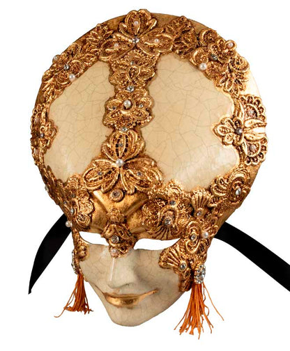 Masque Volto Liberty Blanc Macramé Doré – Artisanat Authentique de Venise