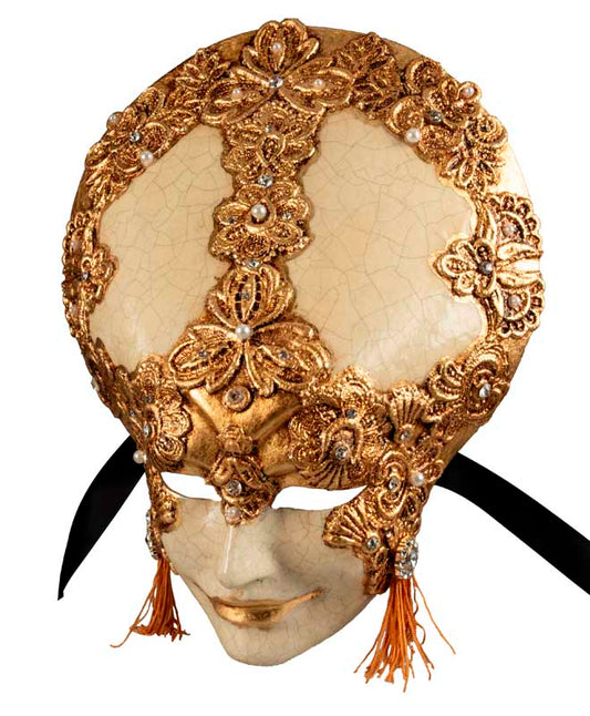 Masque Volto Liberty Blanc Macramé Doré – Artisanat Authentique de Venise