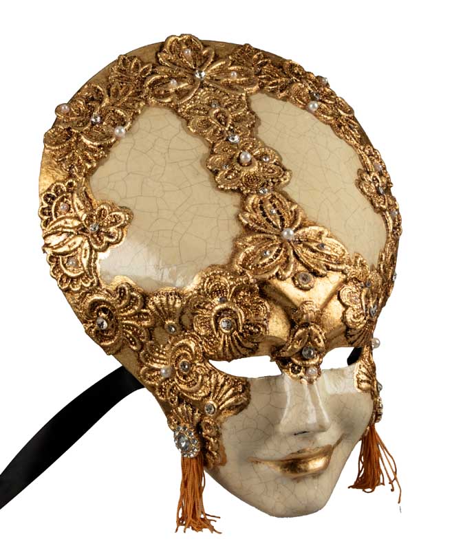 Masque Volto Liberty Blanc Macramé Doré – Artisanat Authentique de Venise