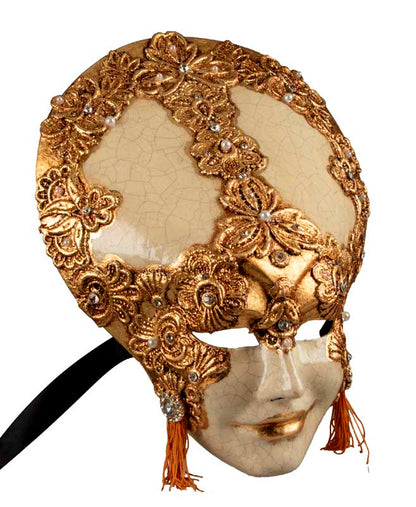 Masque Volto Liberty Blanc Macramé Doré – Artisanat Authentique de Venise