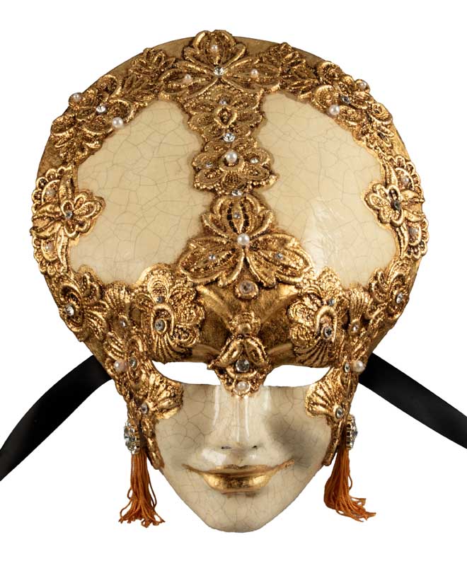 Masque Volto Liberty Blanc Macramé Doré – Artisanat Authentique de Venise