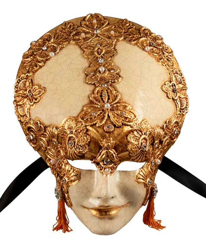 Masque Volto Liberty Blanc Macramé Doré – Artisanat Authentique de Venise