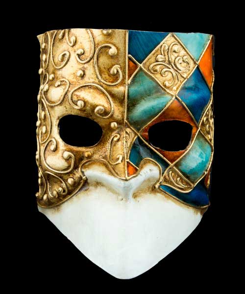 Masque Vénitien Bauta Bleu, Doré et Orange – Artisanat Authentique de Venise