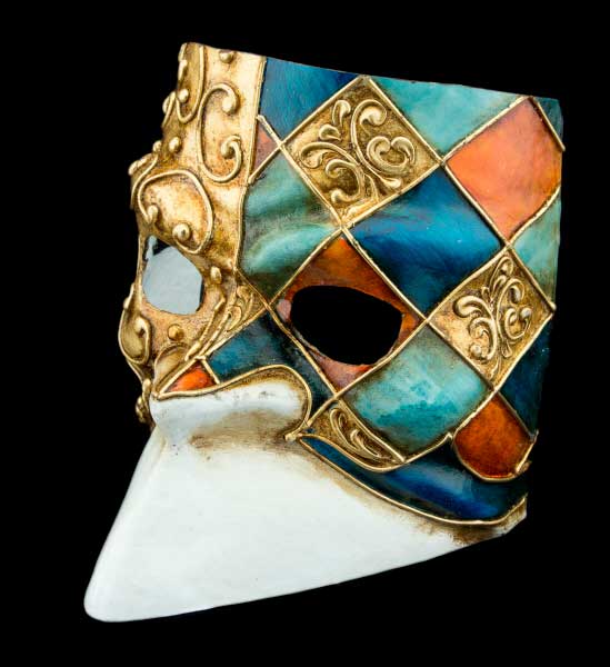 Masque Vénitien Bauta Bleu, Doré et Orange – Artisanat Authentique de Venise