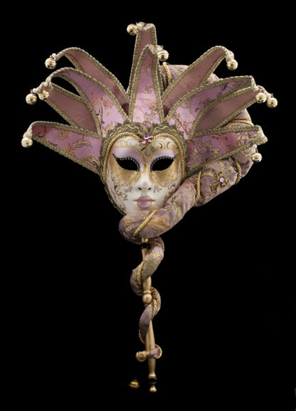 Masque Vénitien Jolly Rose et Doré à Bâton et 10 Pointes – Artisanat Authentique de Venise