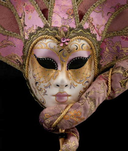 Masque Vénitien Jolly Rose et Doré à Bâton et 10 Pointes – Artisanat Authentique de Venise