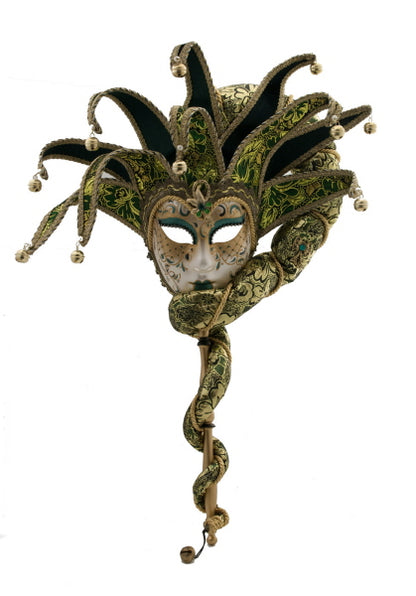 Masque Vénitien Jolly Vert et Doré à Bâton et 10 Pointes – Artisanat Authentique de Venise