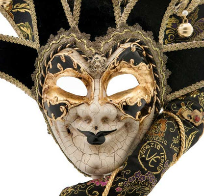 Masque Vénitien Joker Noir et Doré à Bâton et 10 Pointes – Artisanat Authentique de Venise