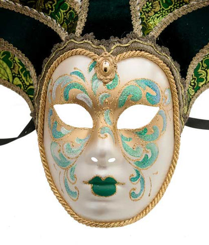 Masque Volto Jolly Vert et Doré à 7 Pointes – Artisanat Authentique de Venise