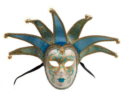 Masque Volto Jolly Bleu et Doré à 7 Pointes – Artisanat Authentique de Venise