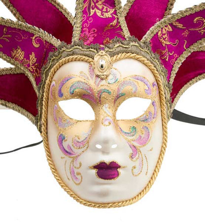 Masque Volto Jolly Rose Fuchsia et Doré à 7 Pointes – Artisanat Authentique de Venise