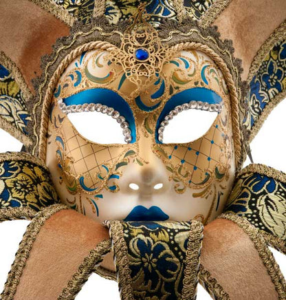 Masque Volto Jolly Bleu Doré à 13 Pointes – Artisanat Authentique de Venise