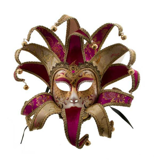Masque Volto Jolly Rose Fuchsia Doré à 13 Pointes – Artisanat Authentique de Venise