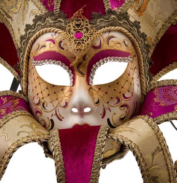 Masque Volto Jolly Rose Fuchsia Doré à 13 Pointes – Artisanat Authentique de Venise