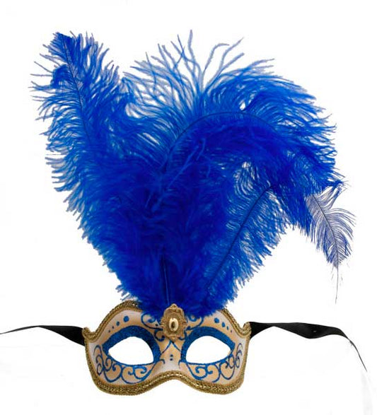 Masque Colombine à Pointe Bleu à Plumes – Artisanat Authentique de Venise