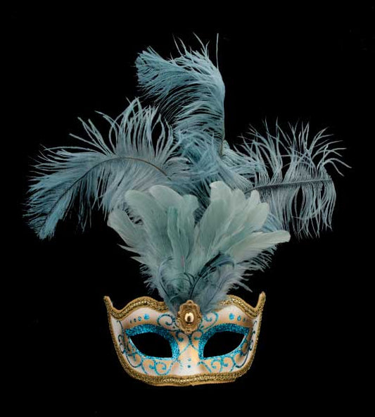 Masque Colombine à Pointe Bleu Ciel à Plumes – Artisanat Authentique de Venise