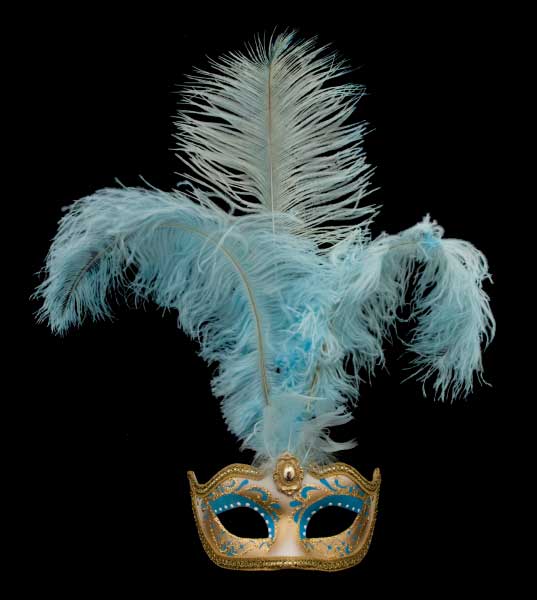 Masque Colombine à Pointe Bleu et Doré à Plumes – Artisanat Authentique de Venise