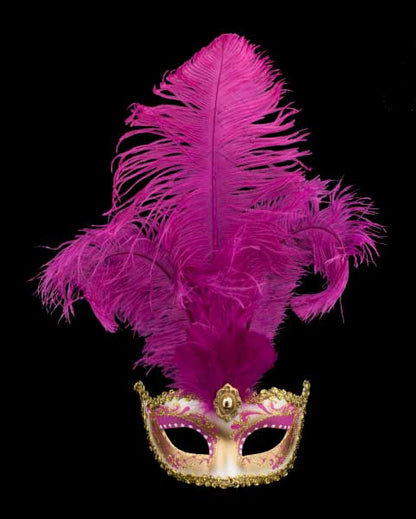 Masque Colombine à Pointe Rose Fuchsia et Doré à Plumes – Artisanat Authentique de Venise