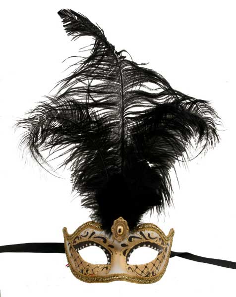 Masque Colombine à Pointe Noir et Doré à Plumes – Artisanat Authentique de Venise
