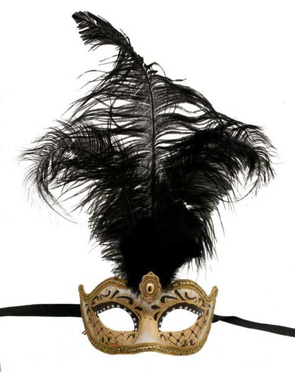 Masque Colombine à Pointe Noir et Doré à Plumes – Artisanat Authentique de Venise