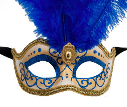 Masque Colombine à Pointe Bleu à Plumes – Artisanat Authentique de Venise