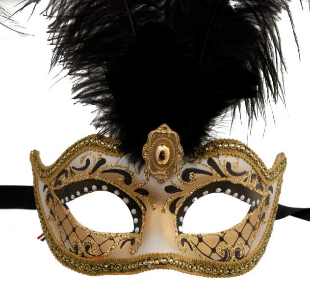 Masque Colombine à Pointe Noir et Doré à Plumes – Artisanat Authentique de Venise