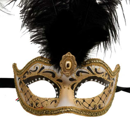 Masque Colombine à Pointe Noir et Doré à Plumes – Artisanat Authentique de Venise