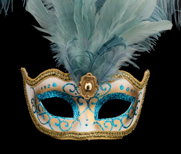 Masque Colombine à Pointe Bleu Ciel à Plumes – Artisanat Authentique de Venise