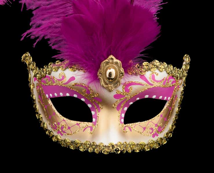 Masque Colombine à Pointe Rose Fuchsia et Doré à Plumes – Artisanat Authentique de Venise