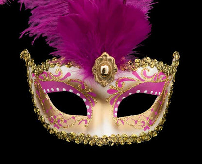 Masque Colombine à Pointe Rose Fuchsia et Doré à Plumes – Artisanat Authentique de Venise