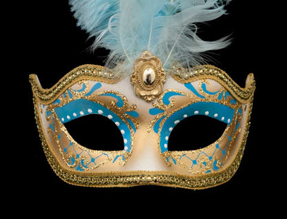 Masque Colombine à Pointe Bleu et Doré à Plumes – Artisanat Authentique de Venise