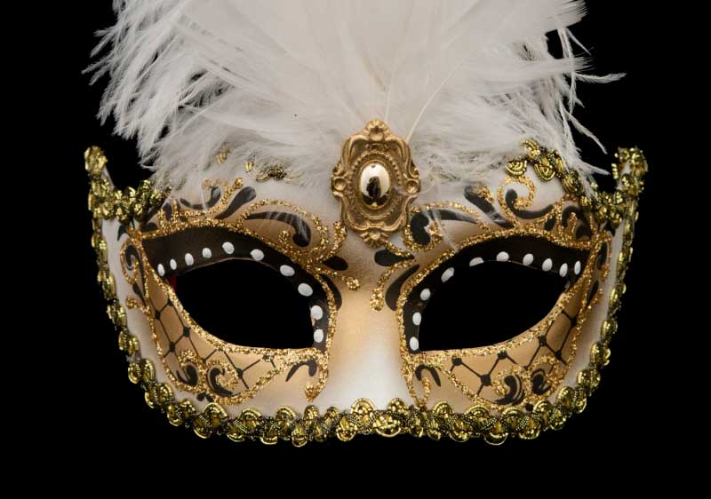 Masque Colombine à Pointe Blanc et Doré à Plumes – Artisanat Authentique de Venise