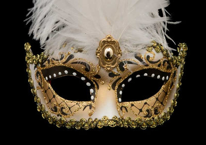 Masque Colombine à Pointe Blanc et Doré à Plumes – Artisanat Authentique de Venise