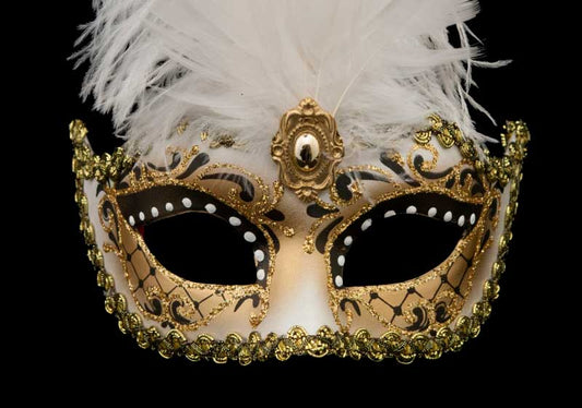 Masque Colombine à Pointe Blanc et Doré à Plumes – Artisanat Authentique de Venise