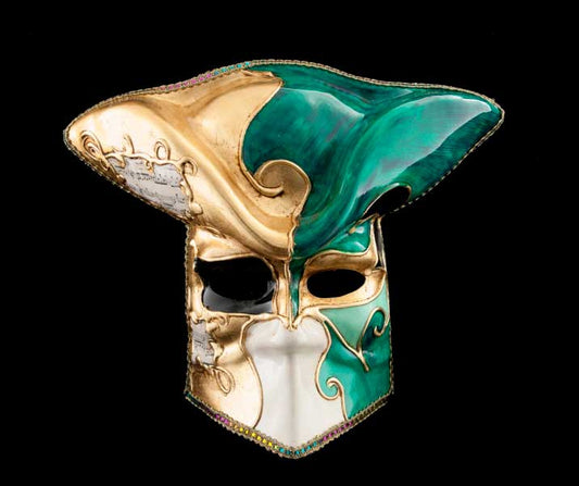 Masque Vénitien Casanova de Luxe Vert et Doré – Artisanat Authentique de Venise