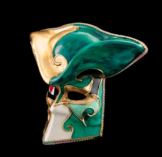 Masque Vénitien Casanova de Luxe Vert et Doré – Artisanat Authentique de Venise