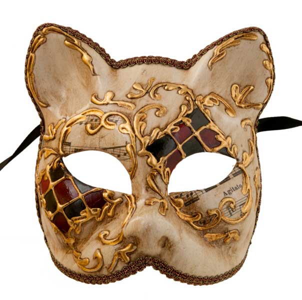 Masque Chat Gatto Mosaïque Noir et Bordeaux Musica – Artisanat Authentique de Venise