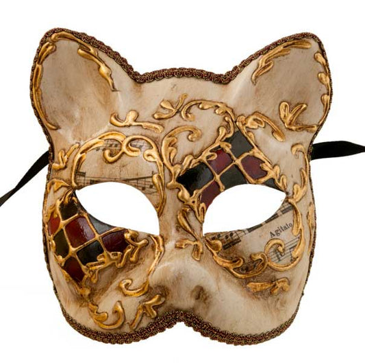 Masque Chat Gatto Mosaïque Noir et Bordeaux Musica – Artisanat Authentique de Venise