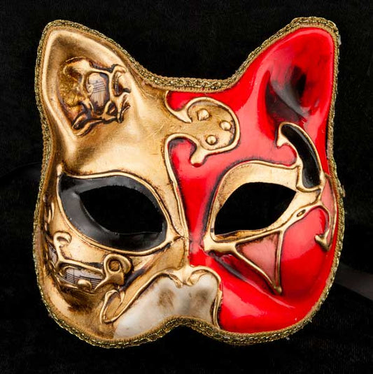 Masque Chat Gatto Rouge et Doré – Artisanat Authentique de Venise