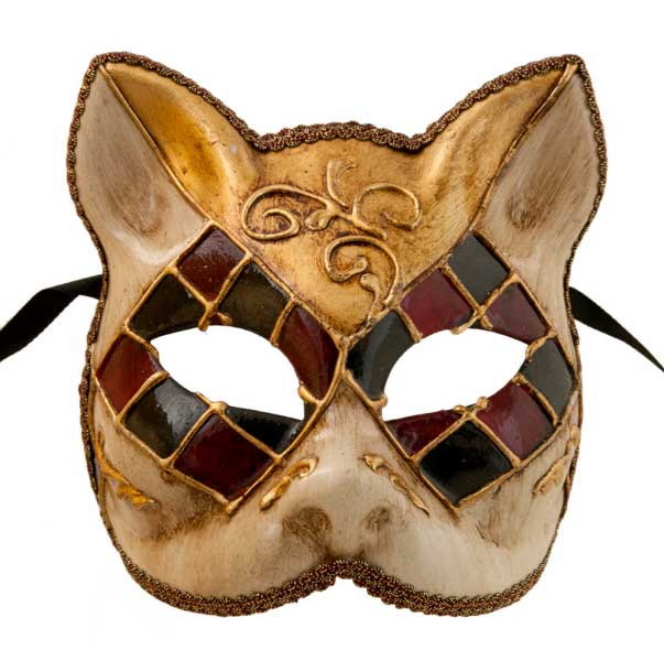 Masque Chat Gatto Mosaïque Noir et Bordeaux – Artisanat Authentique de Venise